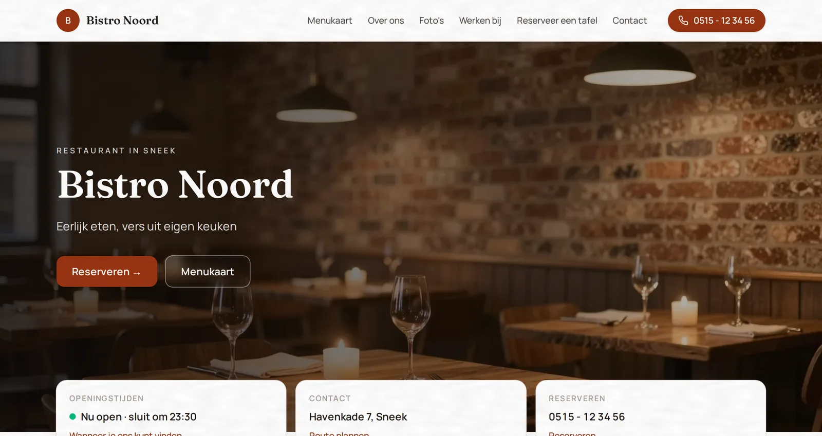 De website van een voorbeeldrestaurant: sfeerfoto van de zaak, reserveerknop, openingstijden en contactgegevens.