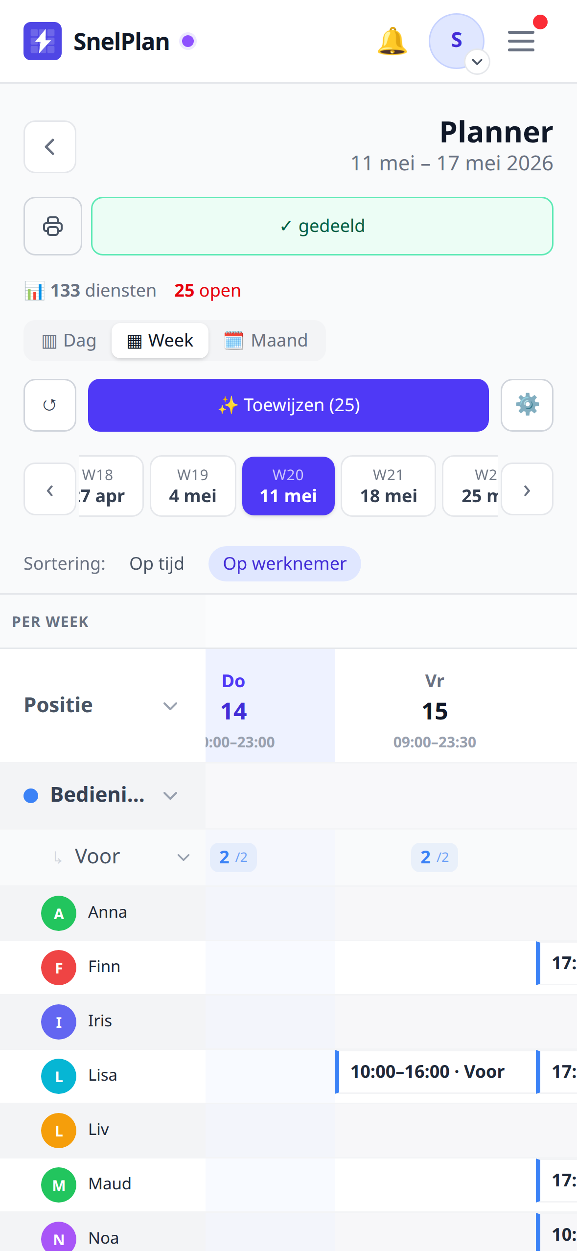 SnelPlan personeelsplanner met week-overzicht — kleurrijke shift-blokken per medewerker